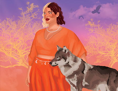 Illustration colorée et semi réaliste d'une femme et d'un loups dans les tons oranges et violets