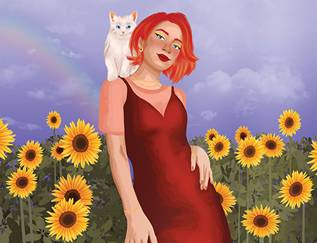 Illustration colorée et semi réaliste d'un personnage et d'un chat dans un champs de tournesol