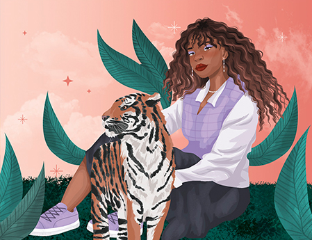 Illustration colorée et semi réaliste d'une femme et d'un tigre.